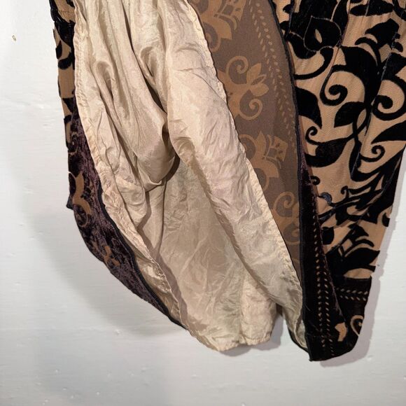 Hale Bob Burnout Velvet Boho Top Tie Shoulder Black Tan Floral Elastic Waist M - Picture 5 of 11